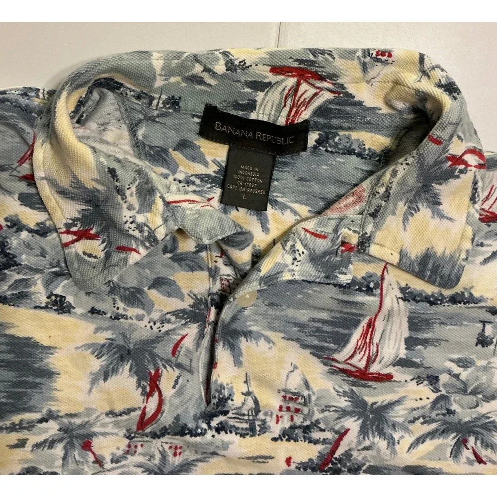 VTG 90s Banana Republic AOP lue Nautical Sailboat Cotton Pique Polo Mens L‎